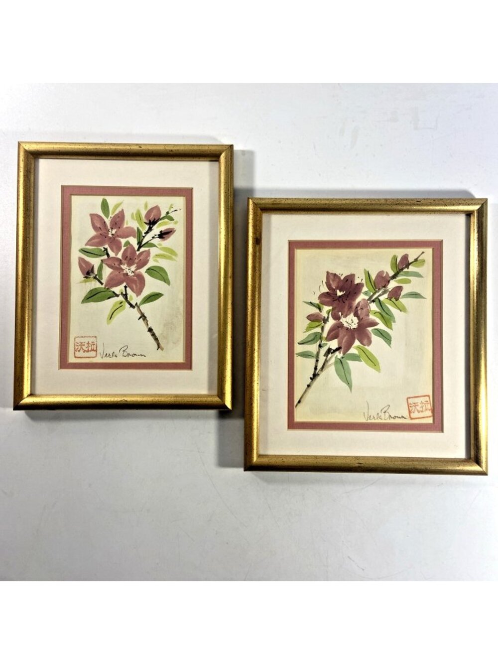 2 Verla Brown Original Watercolor Painting Signed Asian Style Floral Art Framed